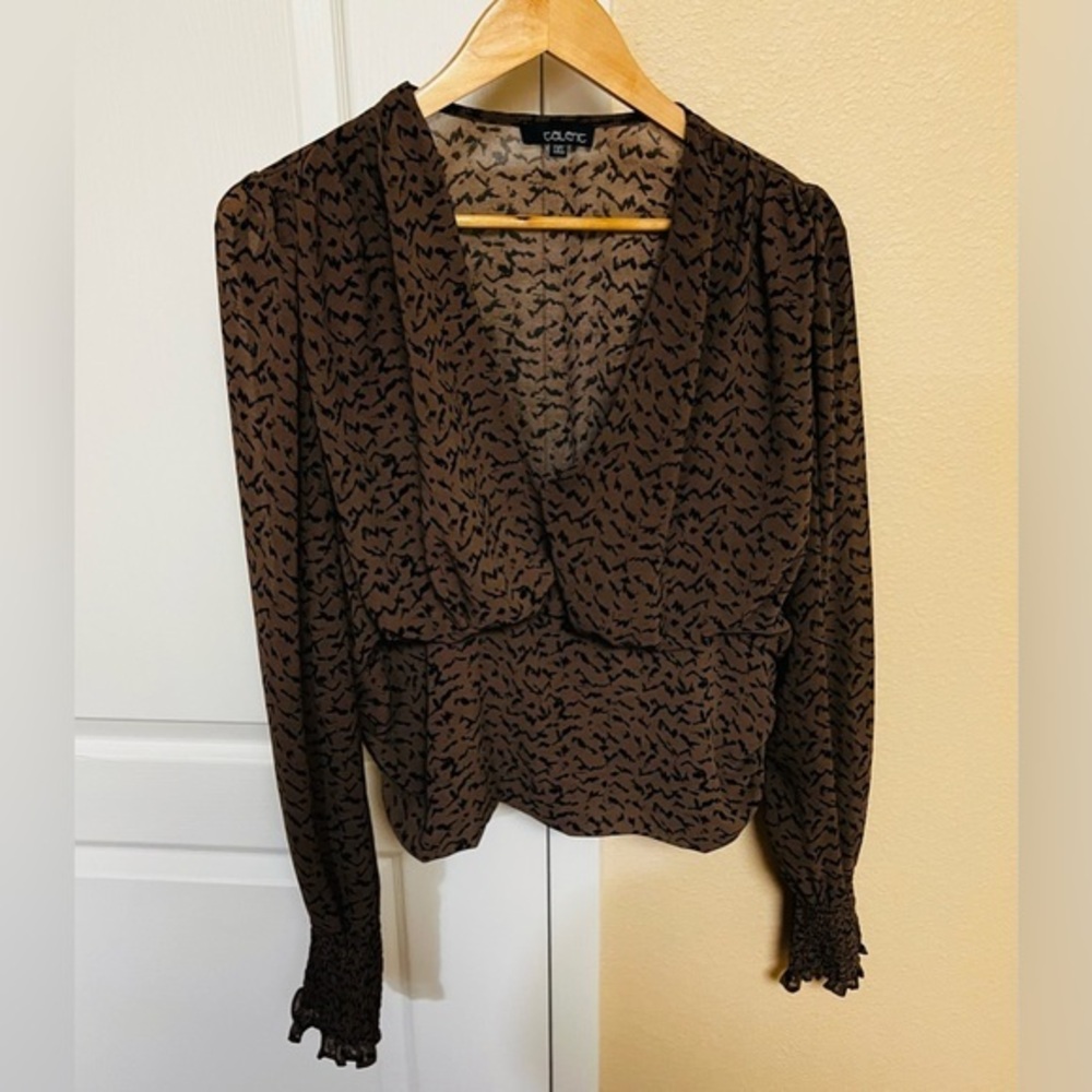 Talent Brown Black Leopard Print Blouse, V Neck, Sheer, Ruching size 1X